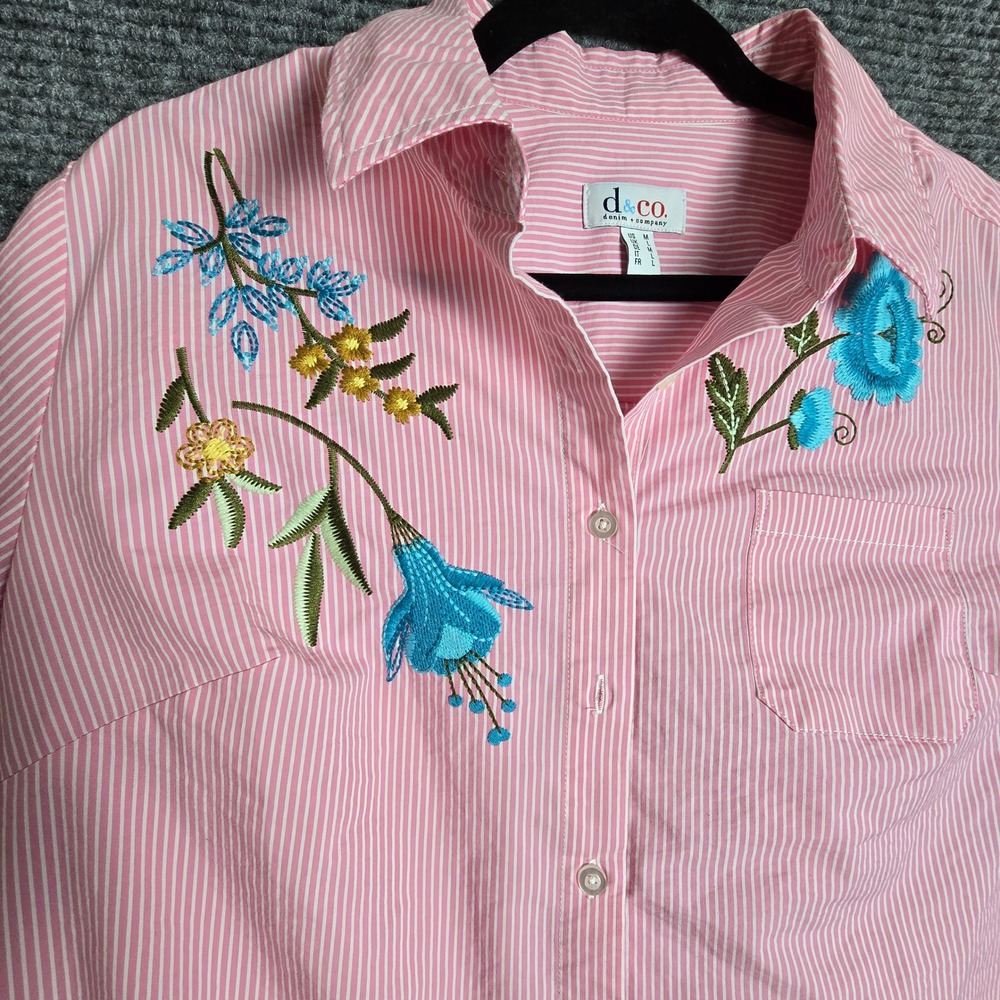 Denim & Co Pink White Striped Floral Embroidered 3/4 Sleeve Button Down Shirt M